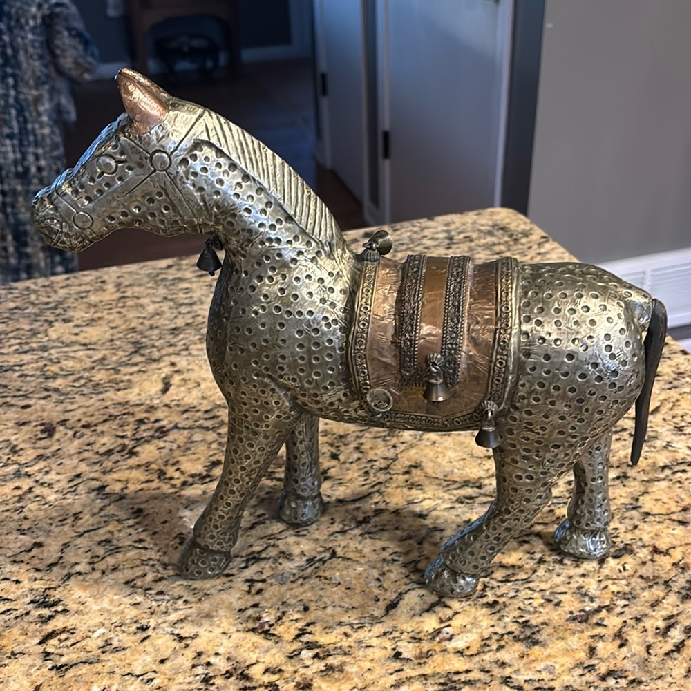 Antique Metal Copper Wrapped Carved Wood Horse Statuette Figurine